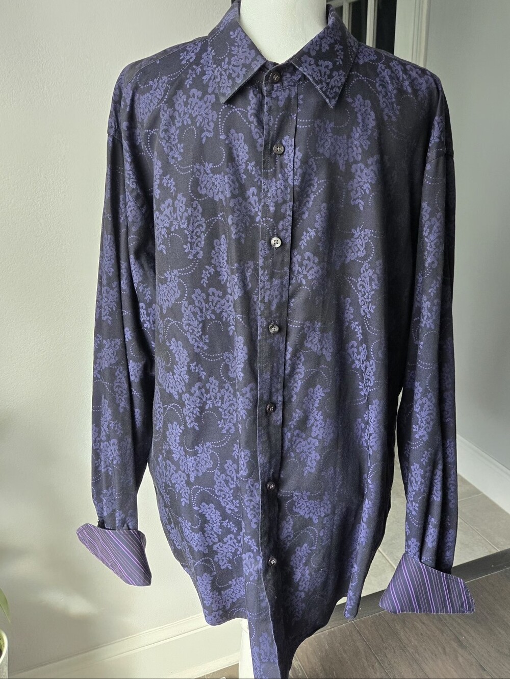 QUIETI Men's XXL Long Sleeve Dress Shirt Black Purple Paisley  100% Fine Cotton